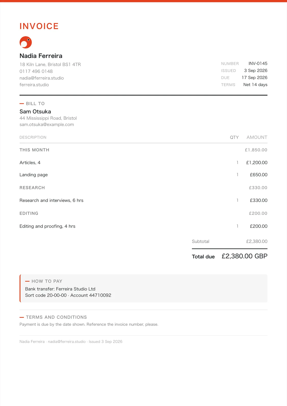Writer invoice example: the job billed in three sections (This month; Research; Editing), a subtotal under each and the total due