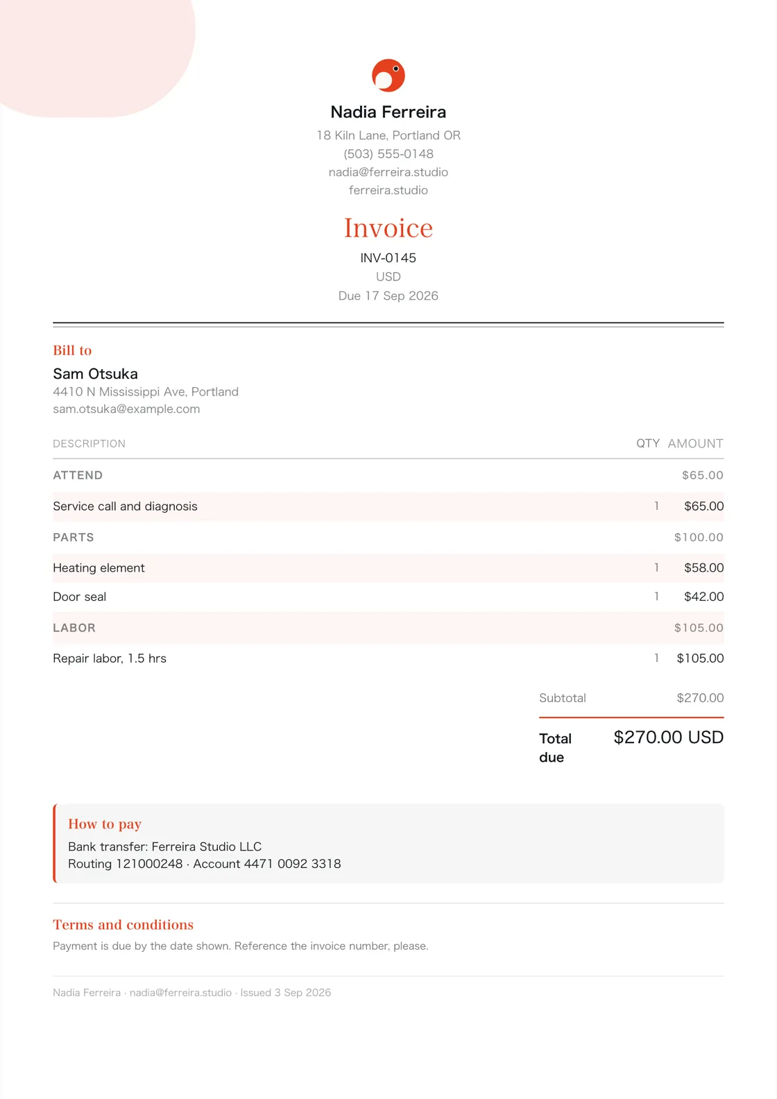 Appliance repair technician invoice example: the job billed in three sections (Attend; Parts; Labor), a subtotal under each and the total due