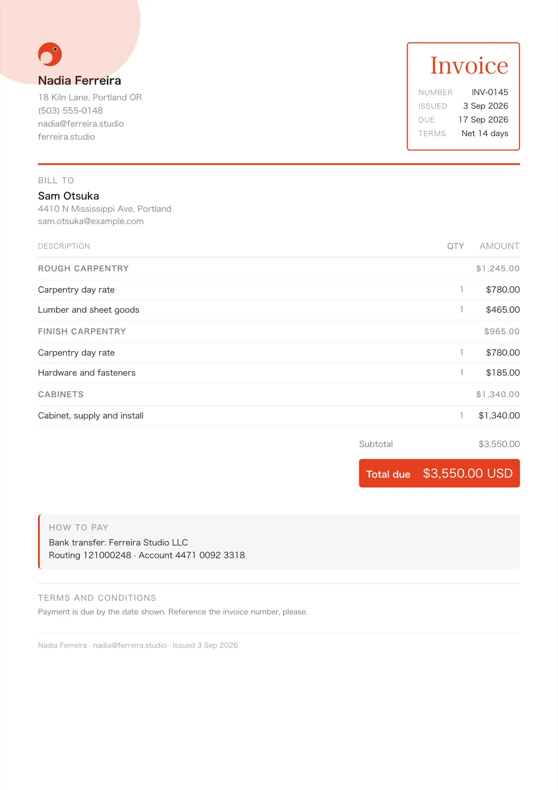 Carpenter invoice example: the job billed in three sections (Rough carpentry; Finish carpentry; Cabinets), a subtotal under each and the total due