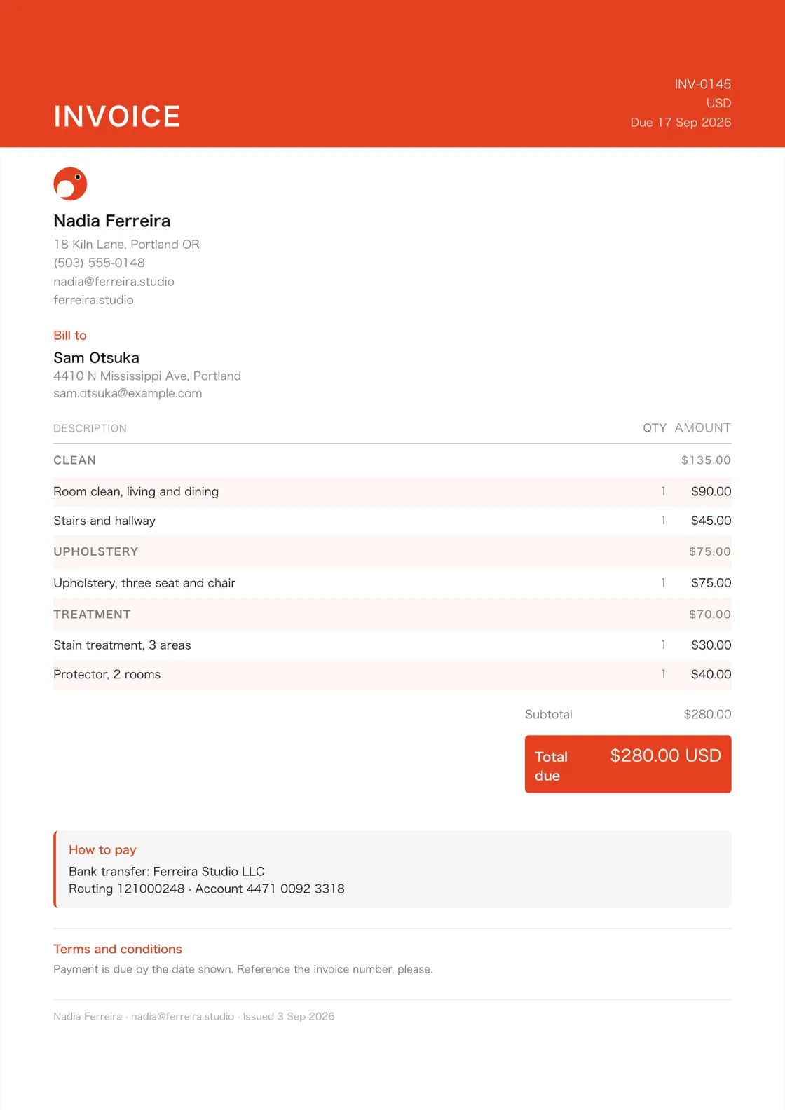 Carpet cleaner invoice example: the job billed in three sections (Clean; Upholstery; Treatment), a subtotal under each and the total due