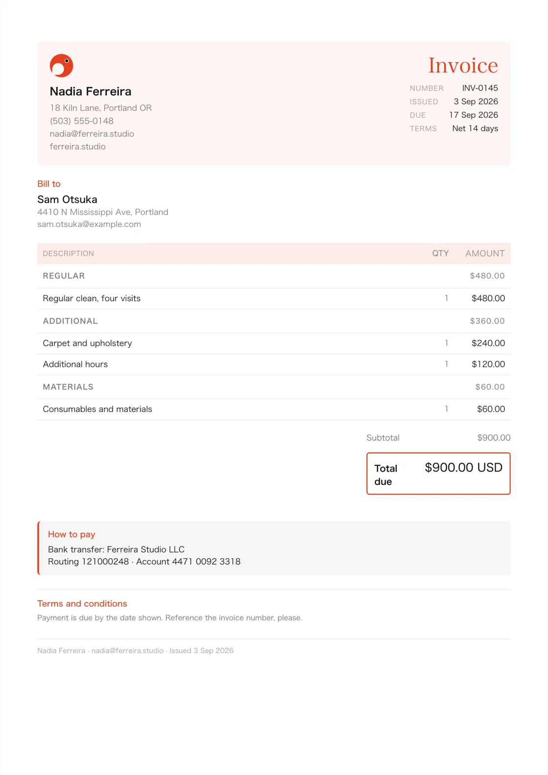 Cleaning business invoice example: the job billed in three sections (Regular; Additional; Materials), a subtotal under each and the total due