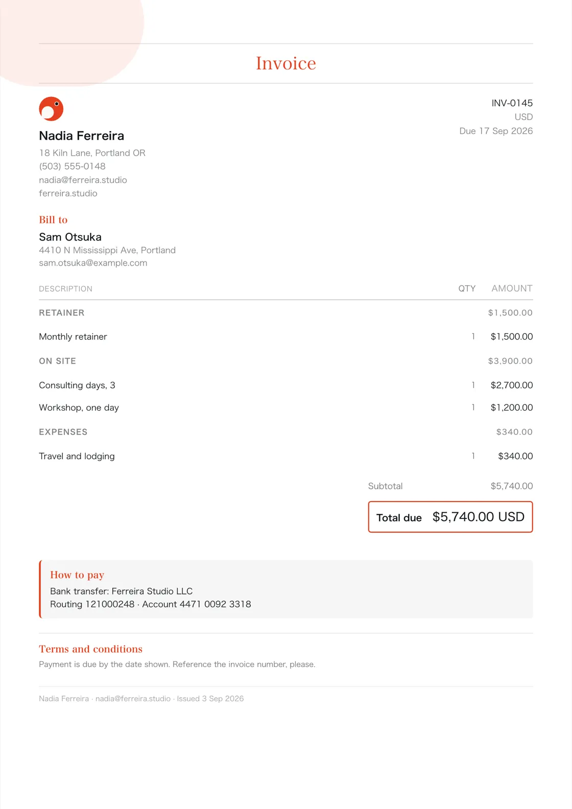 Consultant invoice example: the job billed in three sections (Retainer; On site; Expenses), a subtotal under each and the total due