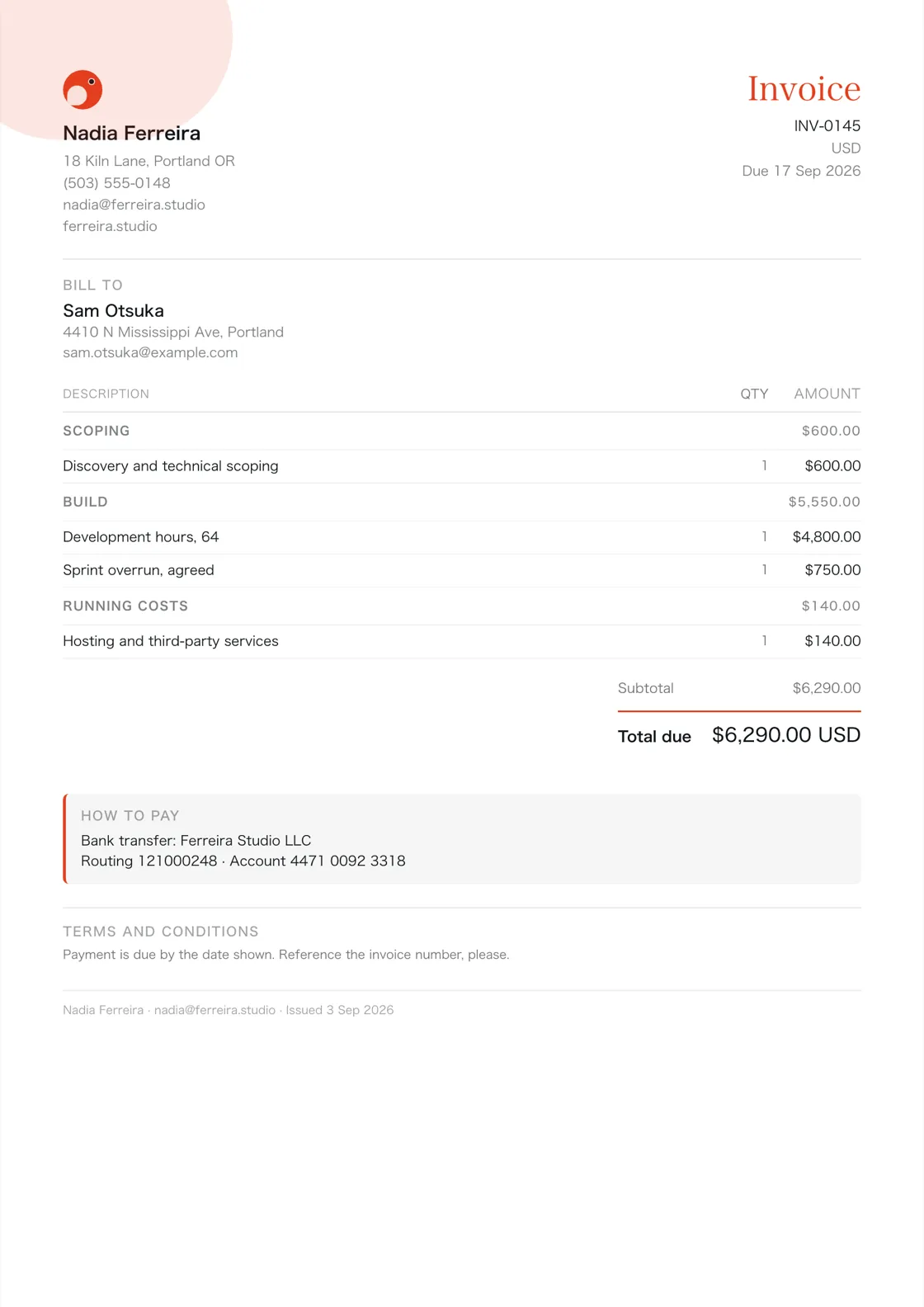 Developer invoice example: the job billed in three sections (Scoping; Build; Running costs), a subtotal under each and the total due