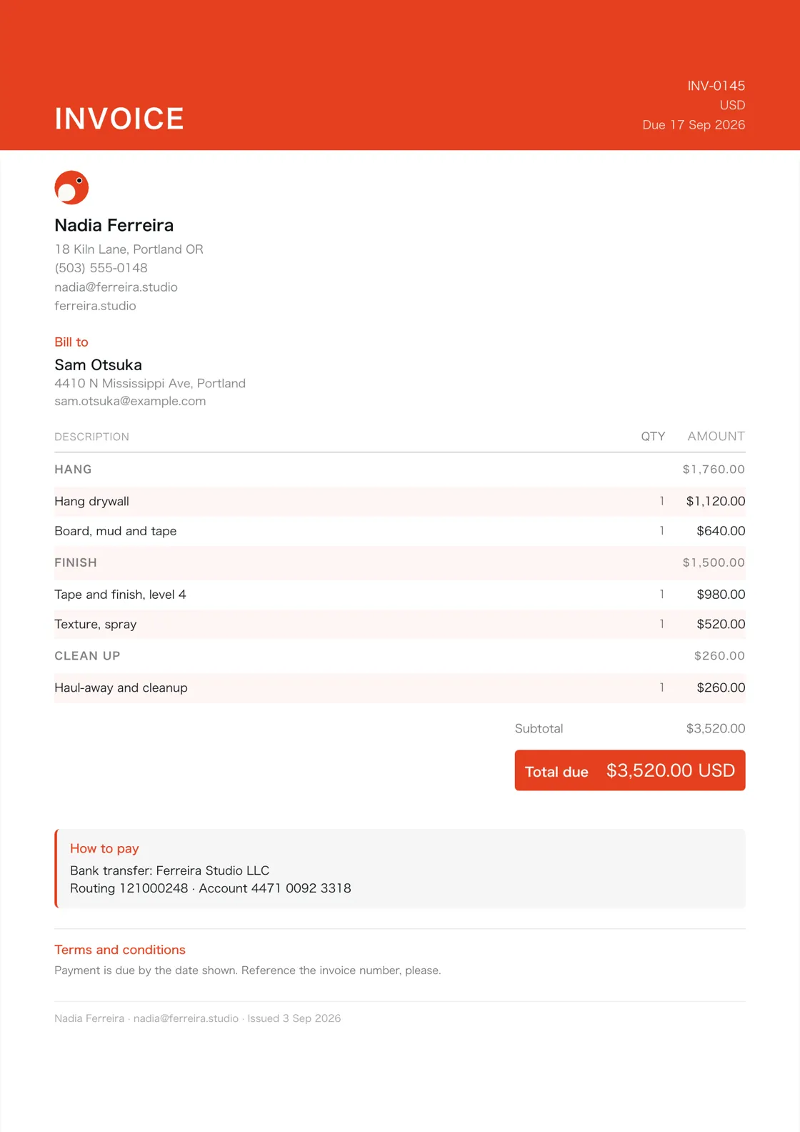 Drywall contractor invoice example: the job billed in three sections (Hang; Finish; Clean up), a subtotal under each and the total due
