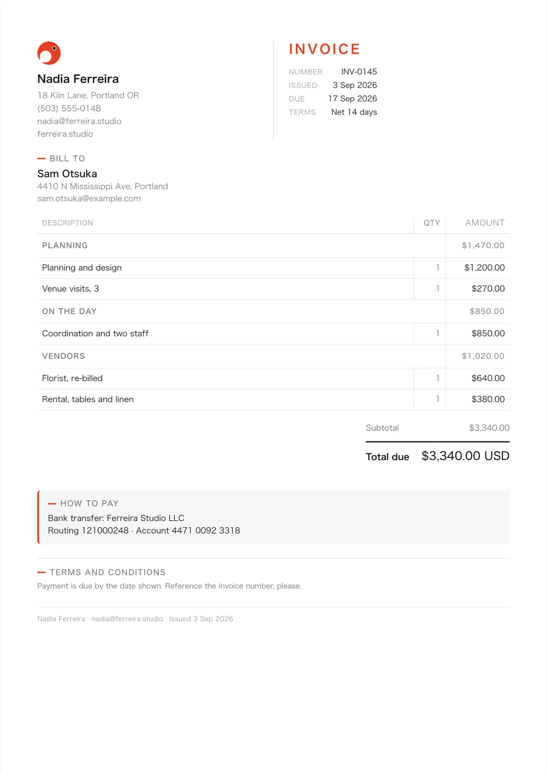 Event planner invoice example: the job billed in three sections (Planning; On the day; Vendors), a subtotal under each and the total due