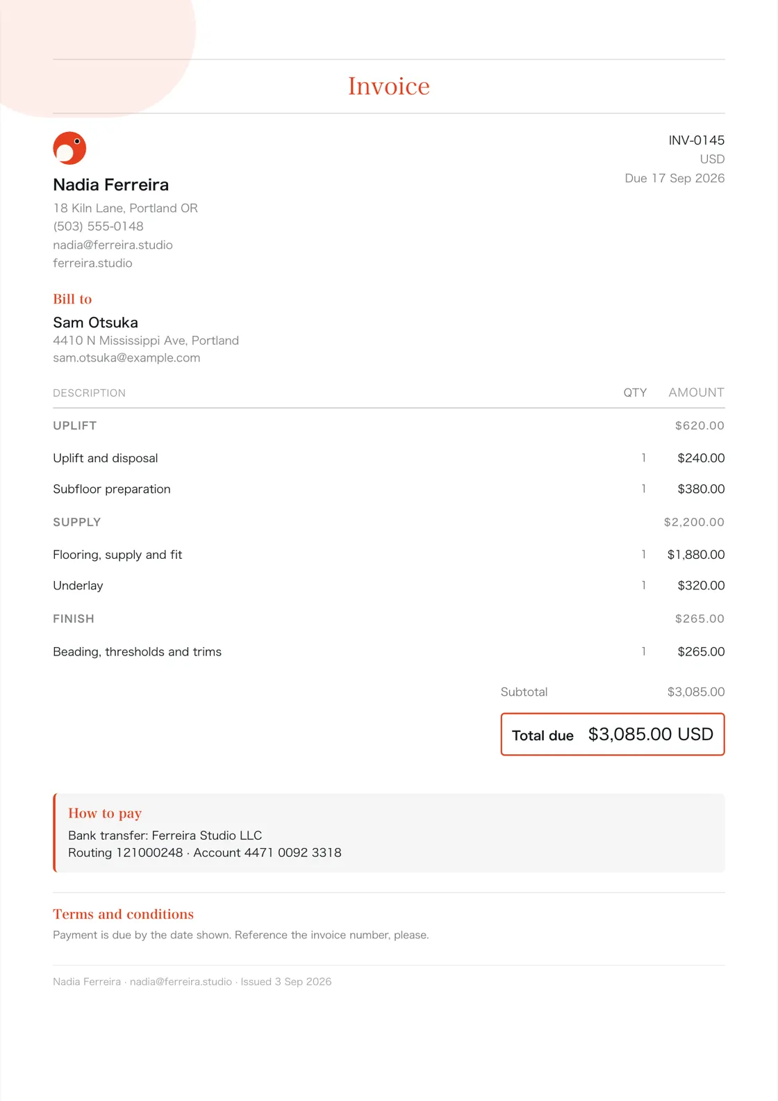 Flooring installer invoice example: the job billed in three sections (Uplift; Supply; Finish), a subtotal under each and the total due