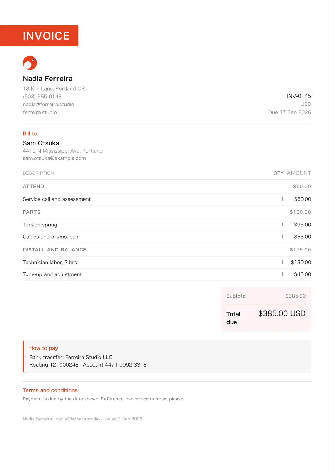 Garage door technician invoice example: the job billed in three sections (Attend; Parts; Install and balance), a subtotal under each and the total due
