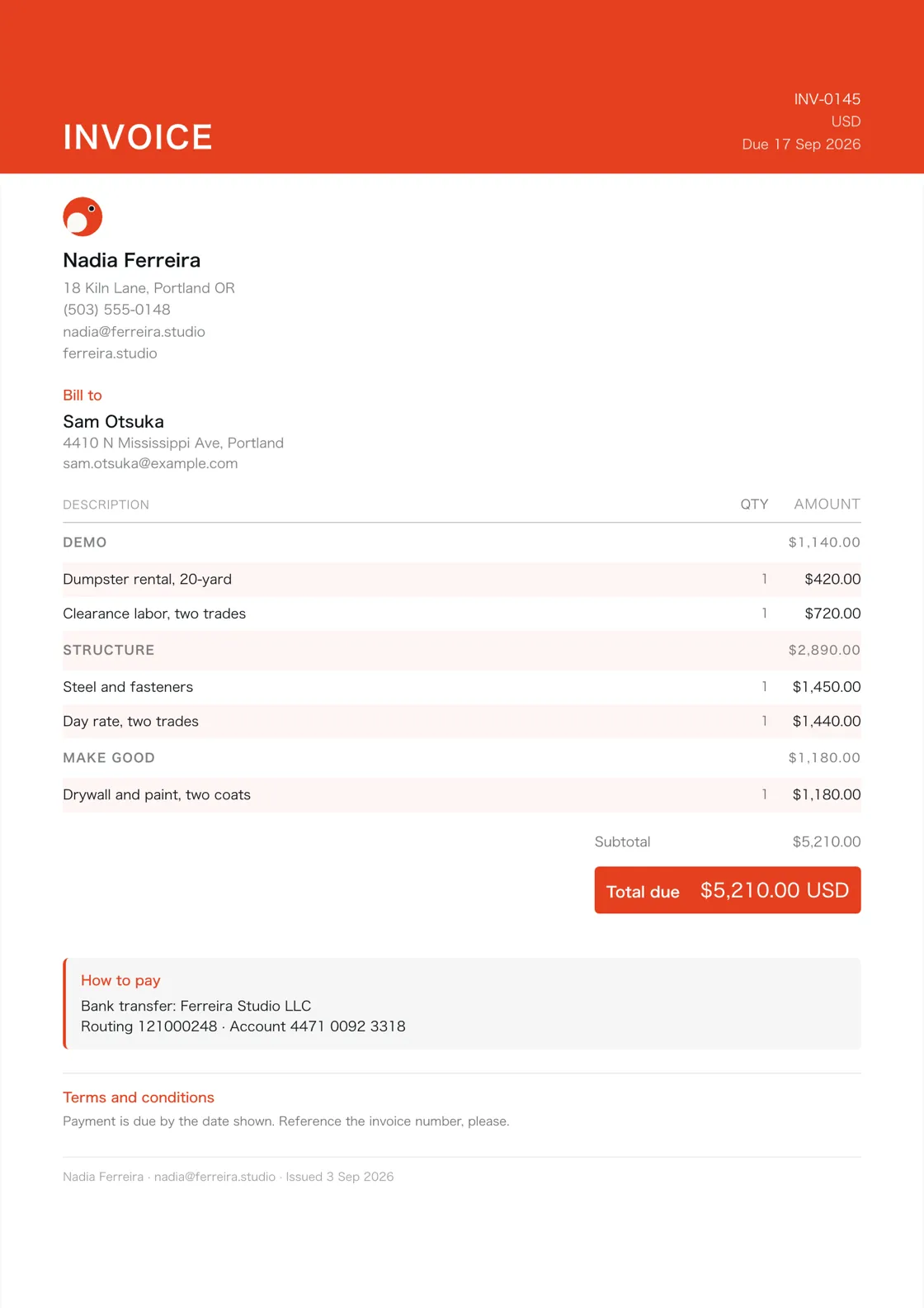 General contractor invoice example: the job billed in three sections (Demo; Structure; Make good), a subtotal under each and the total due