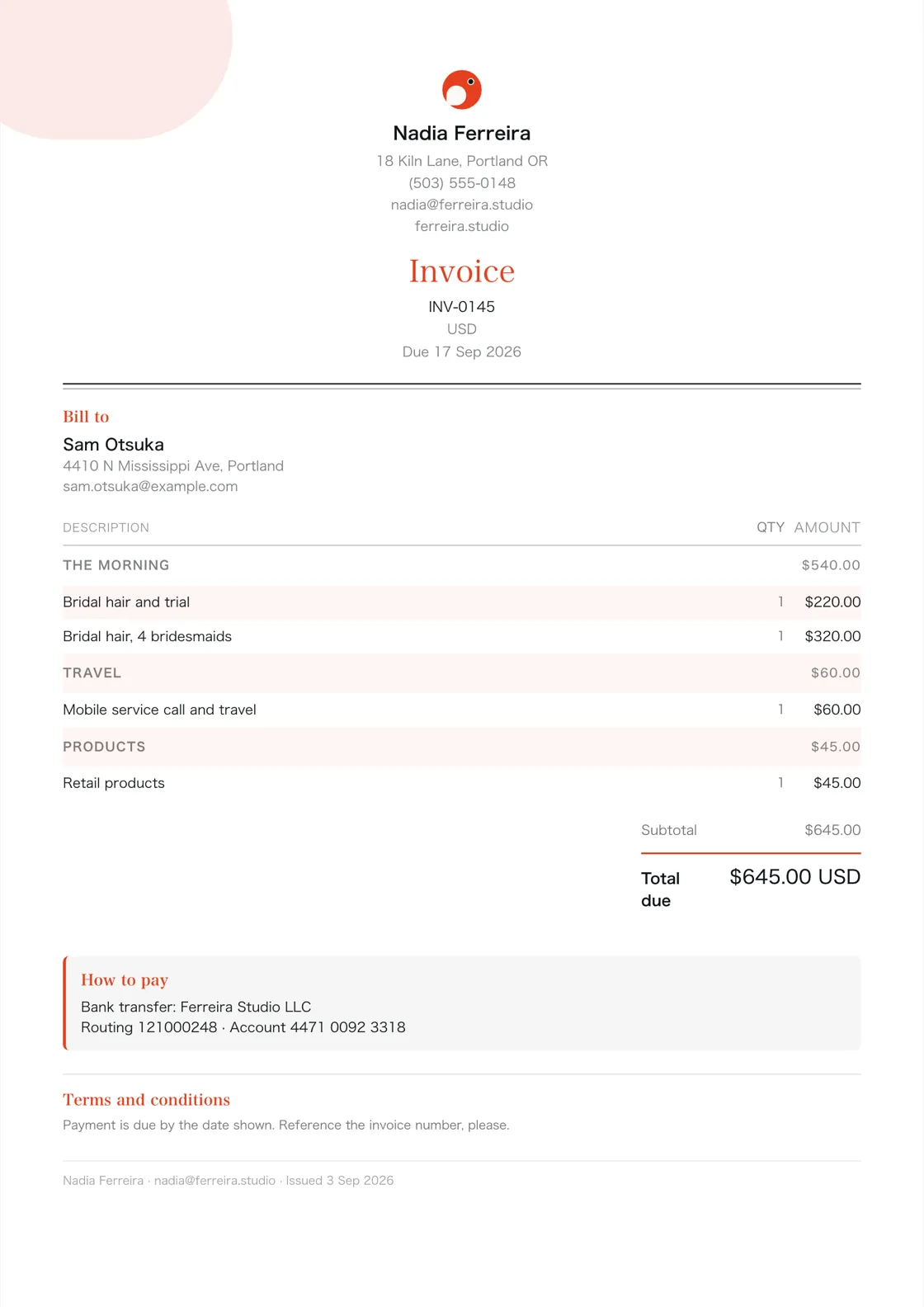 Hair stylist invoice example: the job billed in three sections (The morning; Travel; Products), a subtotal under each and the total due