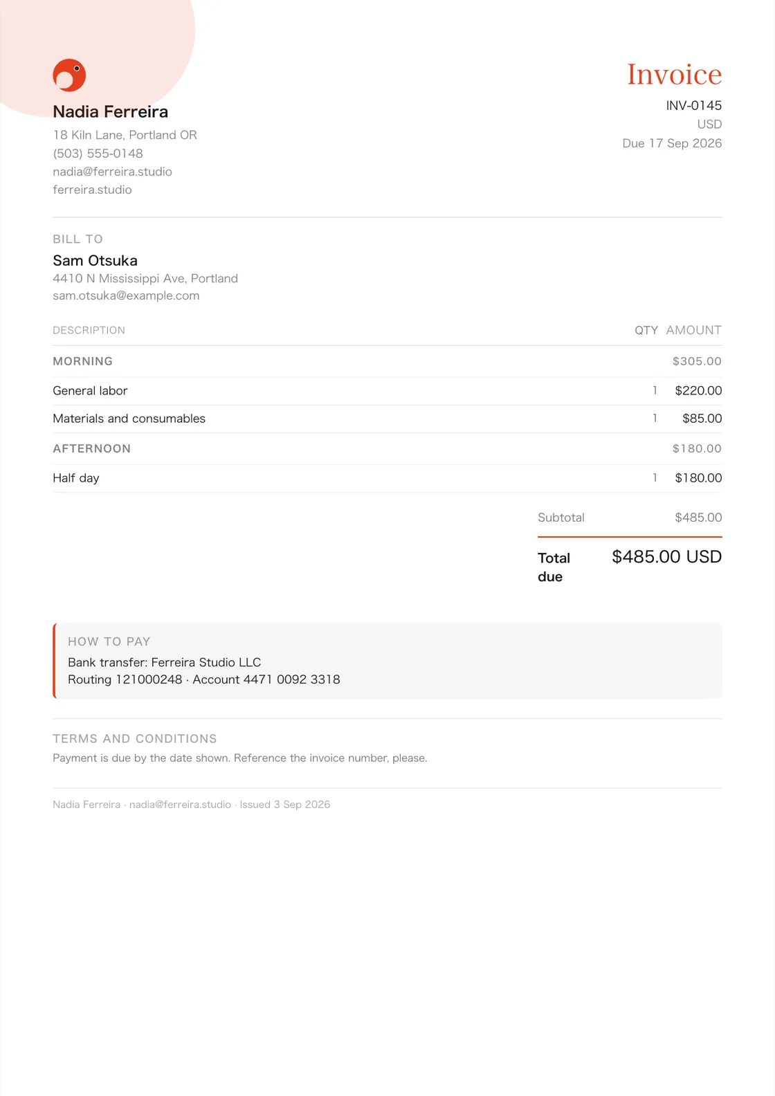 Handyman invoice example: the job billed in two sections (Morning; Afternoon), a subtotal under each and the total due