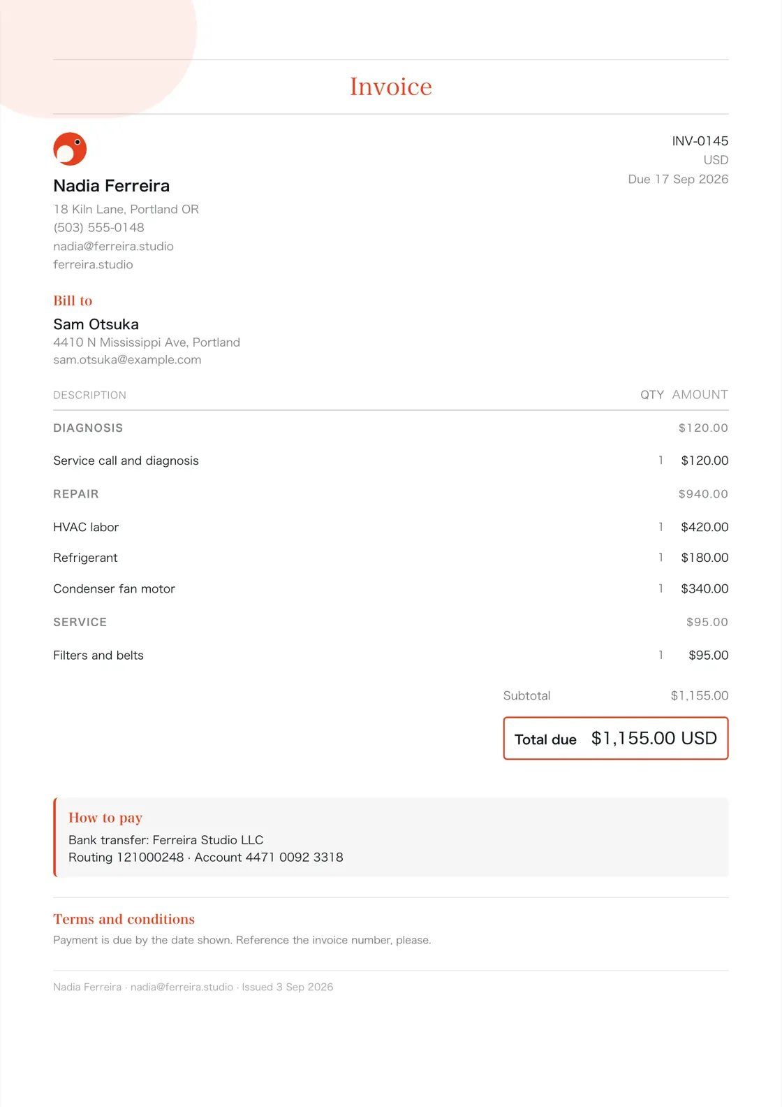 HVAC contractor invoice example: the job billed in three sections (Diagnosis; Repair; Service), a subtotal under each and the total due