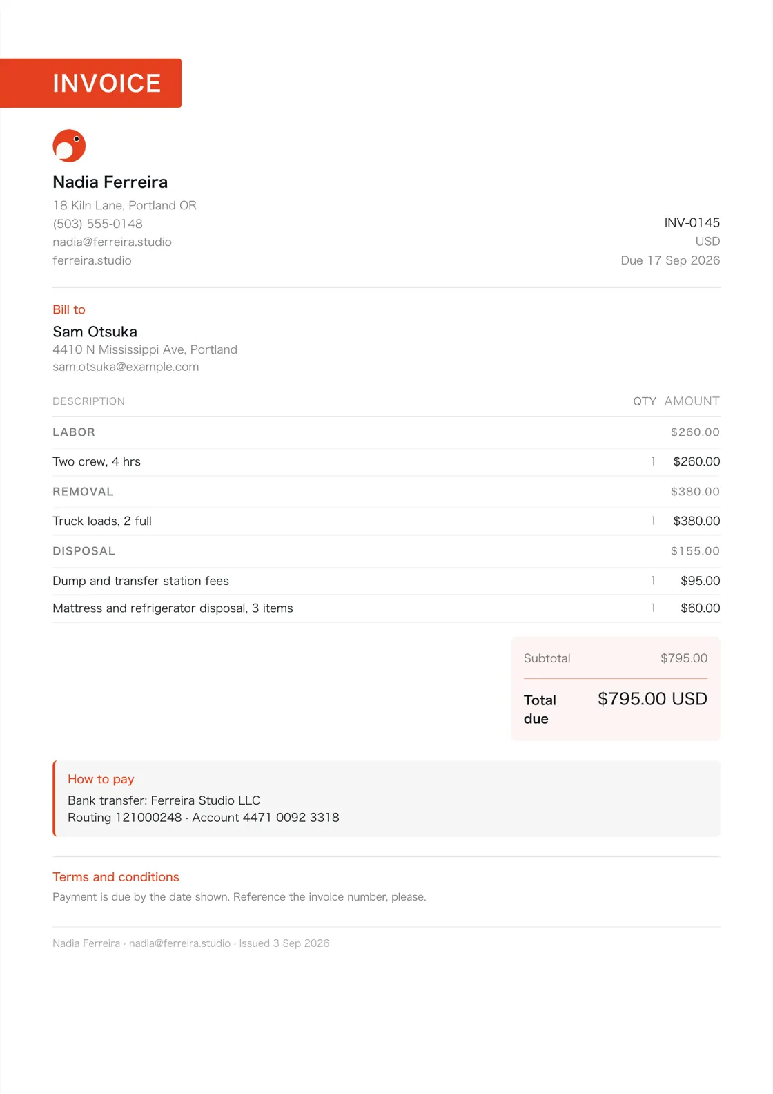 Junk removal company invoice example: the job billed in three sections (Labor; Removal; Disposal), a subtotal under each and the total due