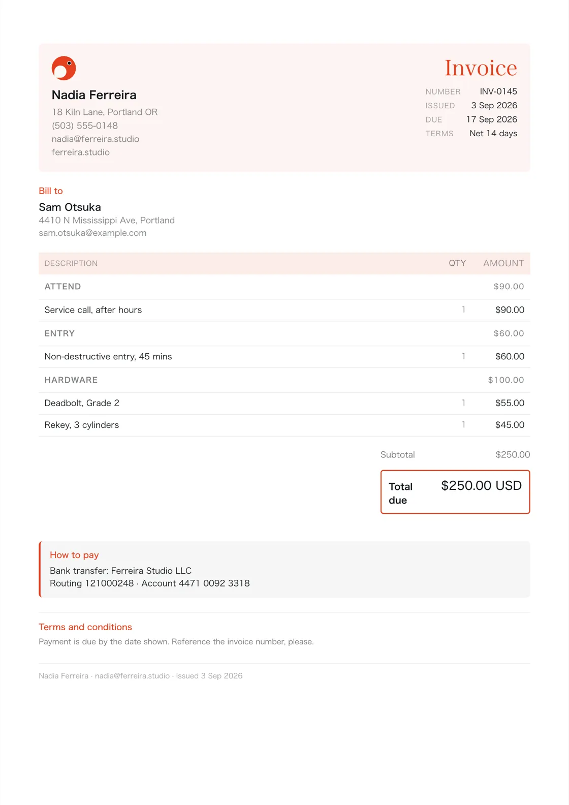 Locksmith invoice example: the job billed in three sections (Attend; Entry; Hardware), a subtotal under each and the total due
