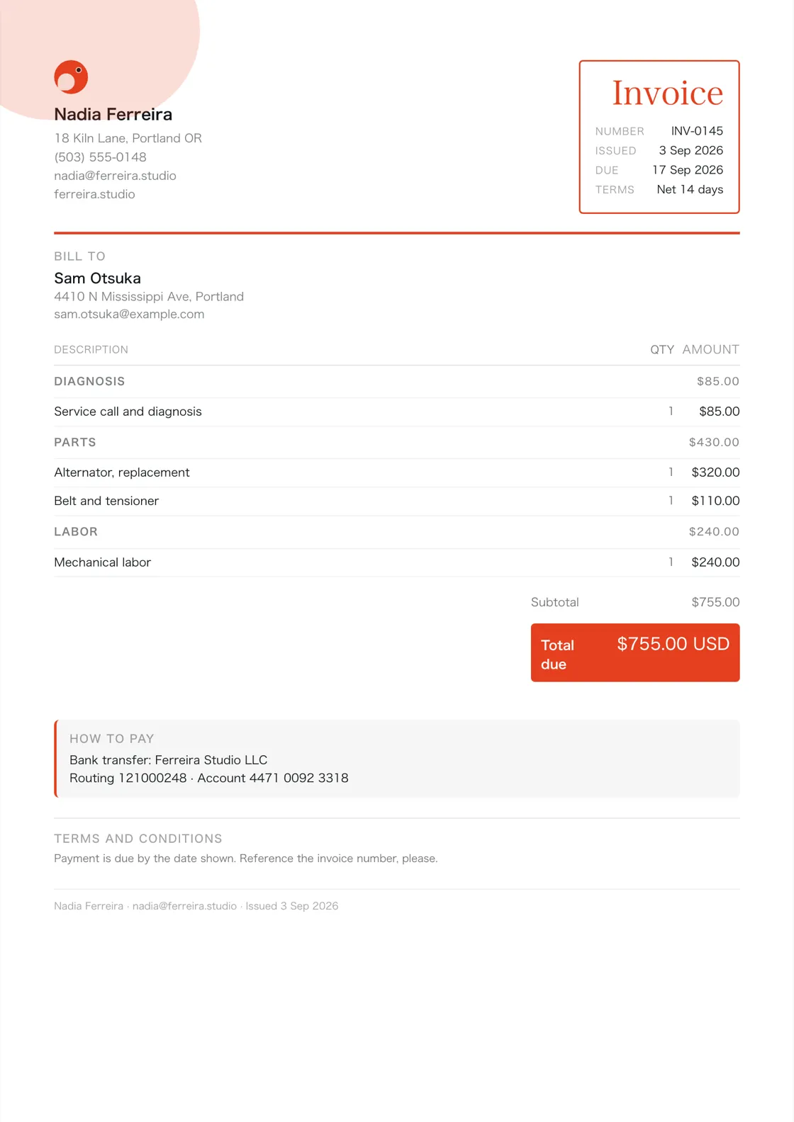Mobile mechanic invoice example: the job billed in three sections (Diagnosis; Parts; Labor), a subtotal under each and the total due