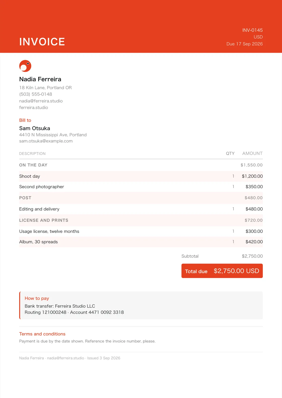 Photographer invoice example: the job billed in three sections (On the day; Post; License and prints), a subtotal under each and the total due