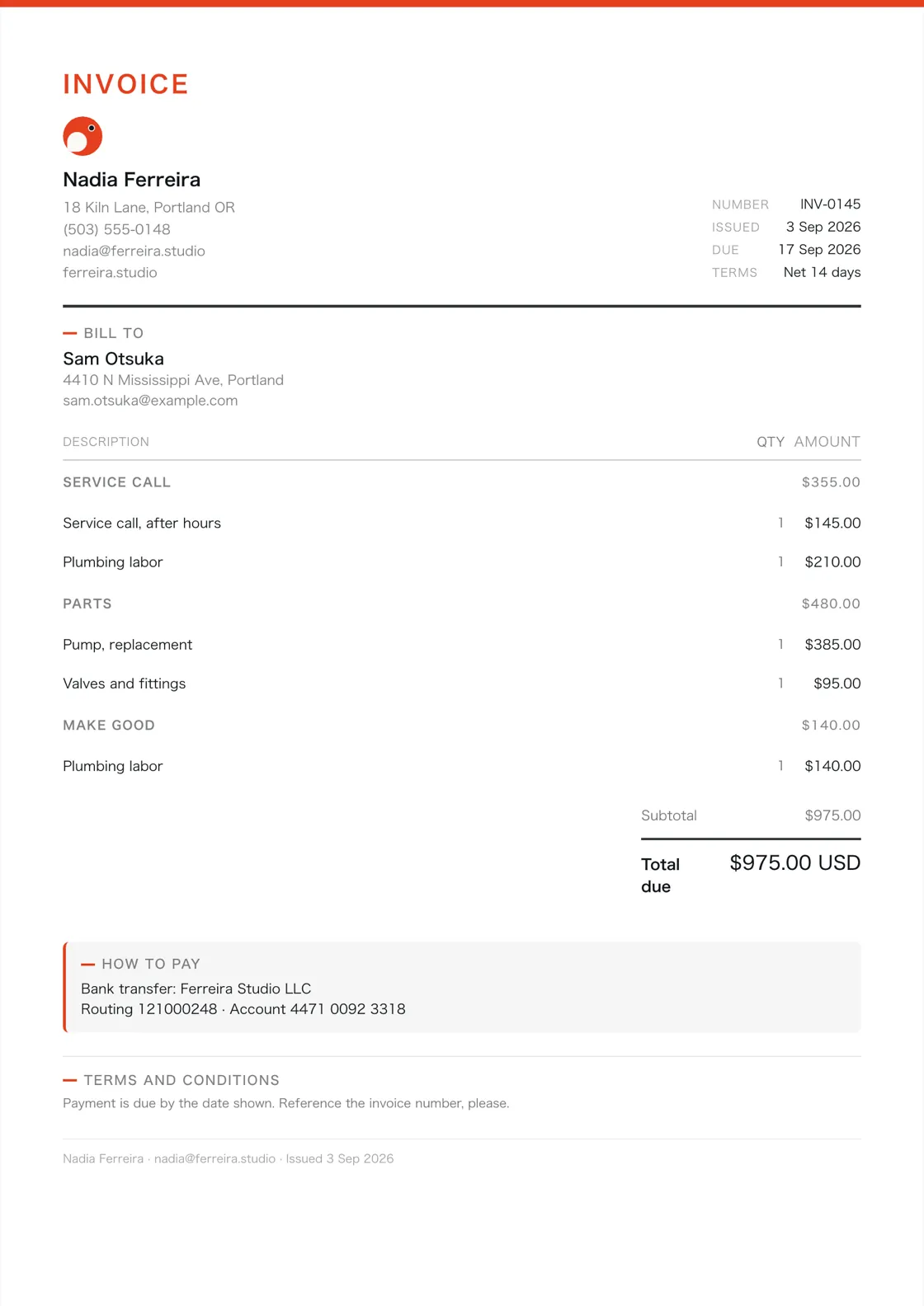 Plumber invoice example: the job billed in three sections (Service call; Parts; Make good), a subtotal under each and the total due