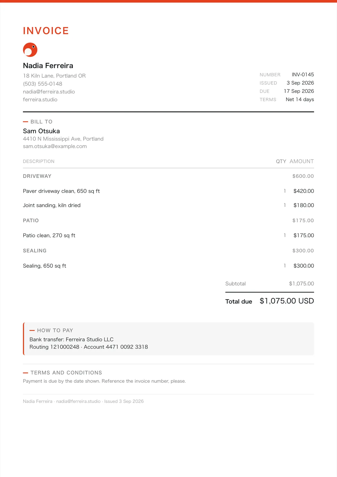 Pressure washing contractor invoice example: the job billed in three sections (Driveway; Patio; Sealing), a subtotal under each and the total due