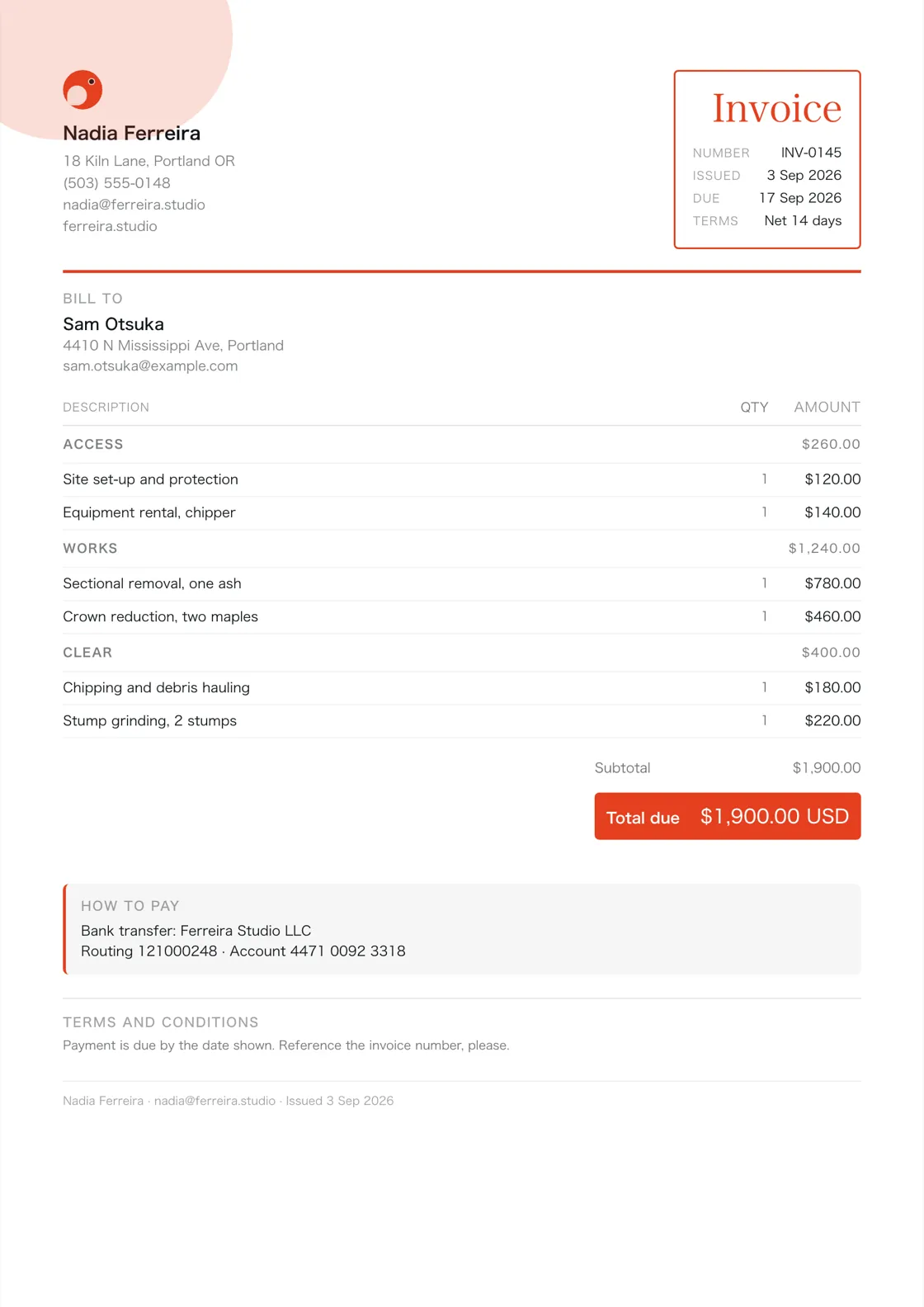 Tree service invoice example: the job billed in three sections (Access; Works; Clear), a subtotal under each and the total due