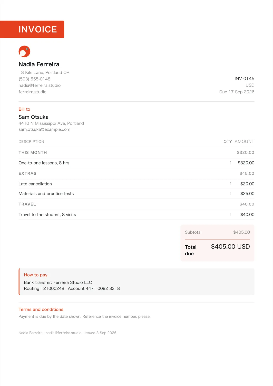 Tutor invoice example: the job billed in three sections (This month; Extras; Travel), a subtotal under each and the total due