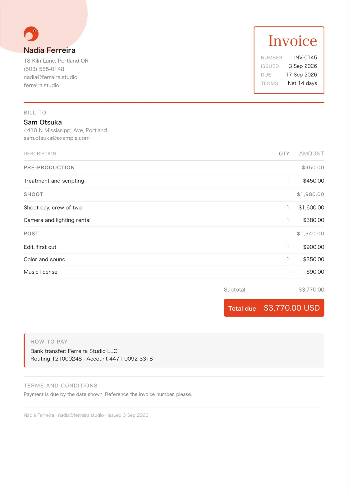 Videographer invoice example: the job billed in three sections (Pre-production; Shoot; Post), a subtotal under each and the total due