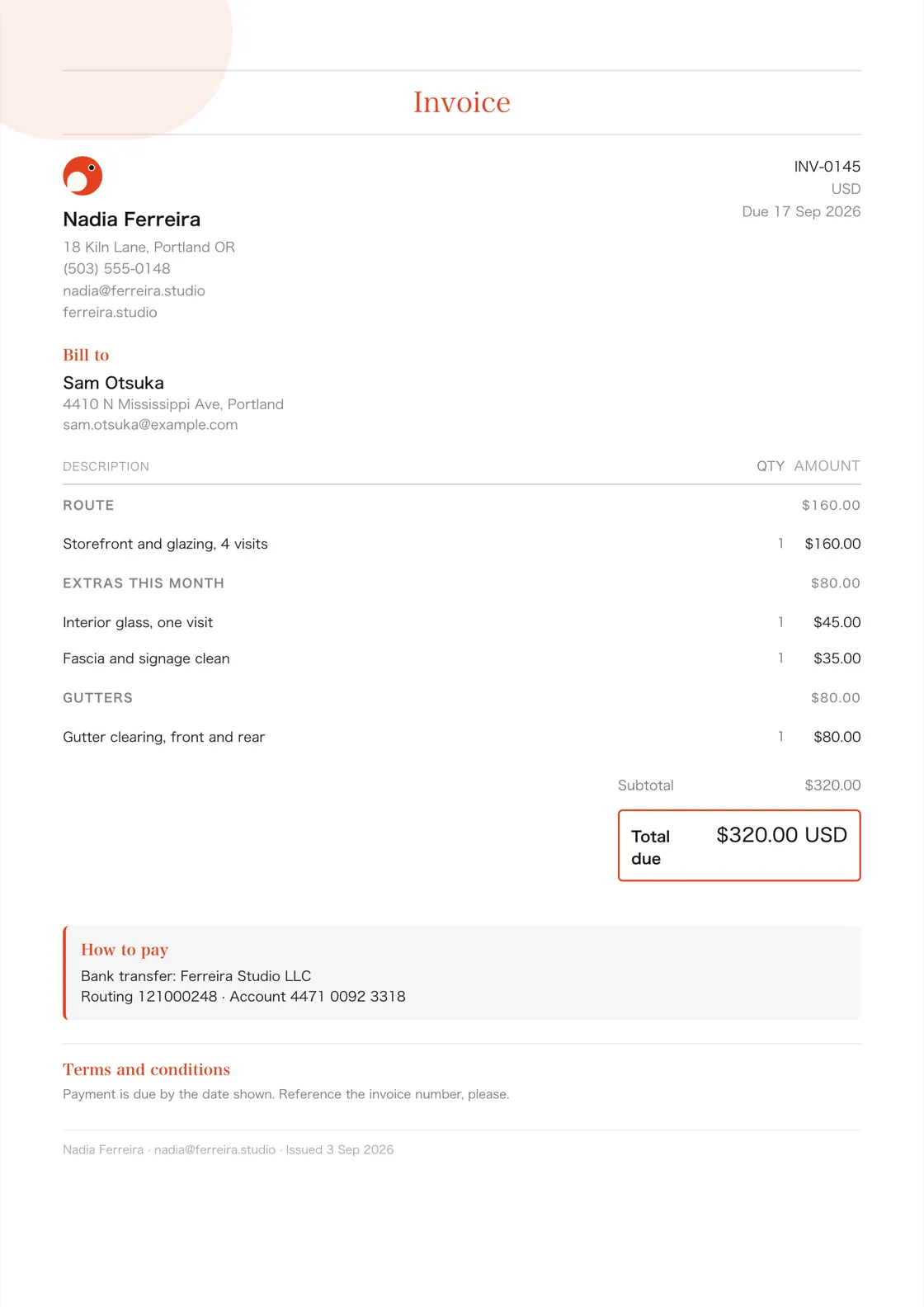 Window cleaner invoice example: the job billed in three sections (Route; Extras this month; Gutters), a subtotal under each and the total due
