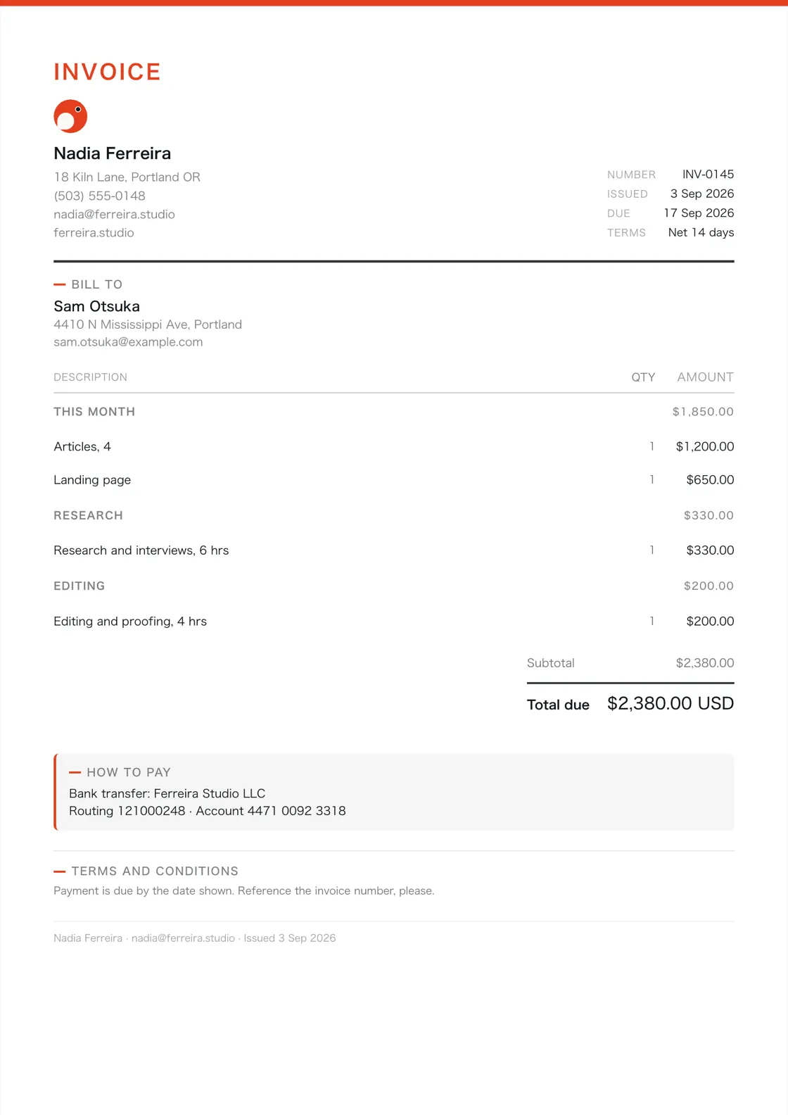 Writer invoice example: the job billed in three sections (This month; Research; Editing), a subtotal under each and the total due